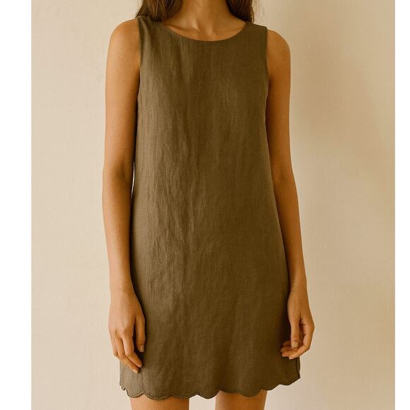 J. Crew Olive Green Linen Shift Dress Medium Scallop Back Sleeveless Boho Indie - Picture 1 of 8